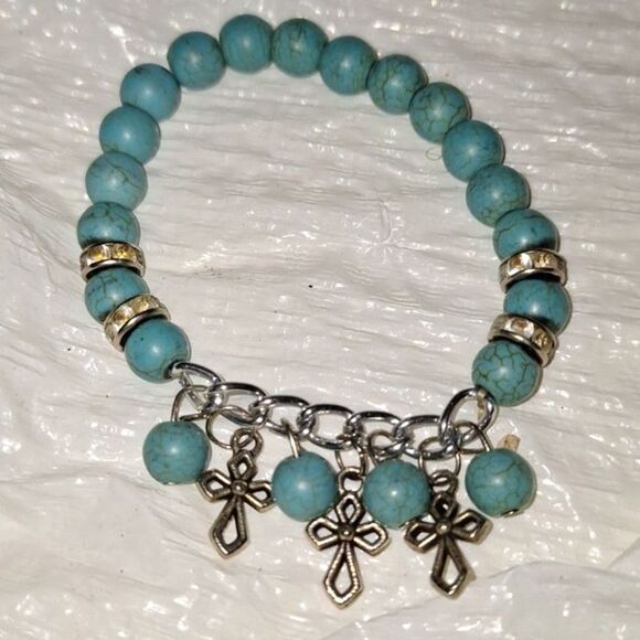 Blue Stone Women's Stretch Charm Bracelet Dyed Howlite Rhinestone Boho - Picture 5 of 7